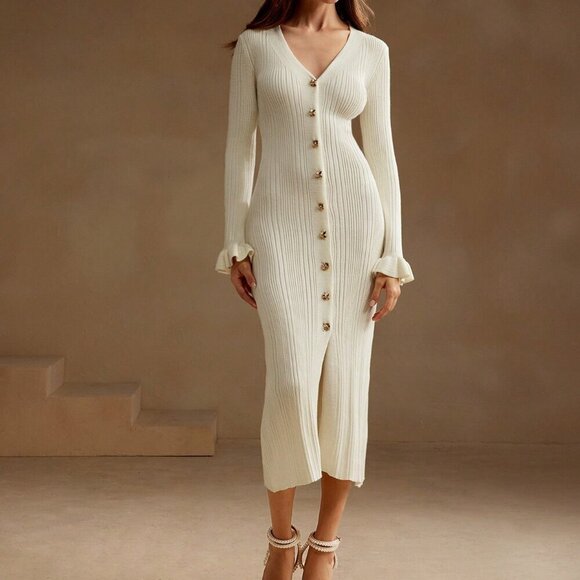 Apricot Elegant Women's Fitted Sweater Dress - Picture 1 of 7